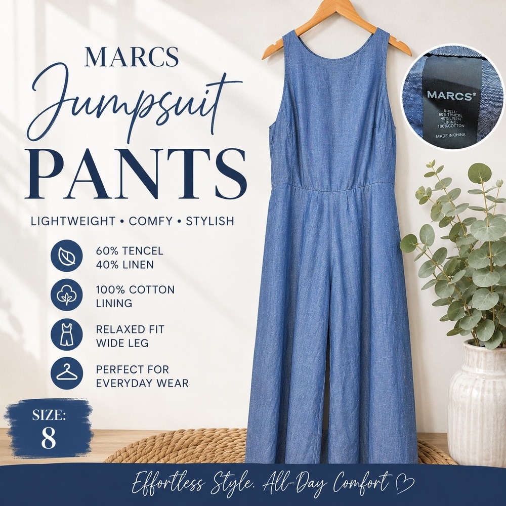 MARCS Blue Tencel Linen Wide Leg Jumpsuit Sleeveless Open Back Tie Waist‎ Size 8
